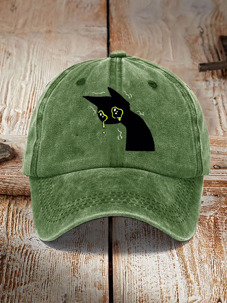 Japanese Art Black Cat Print Washed Hat