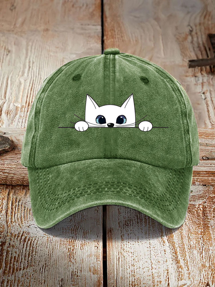Japanese Art White Cat Print Washed Hat