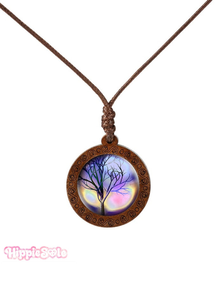 Wood Tree of Life Time Gemstone Glass Pendant Necklace