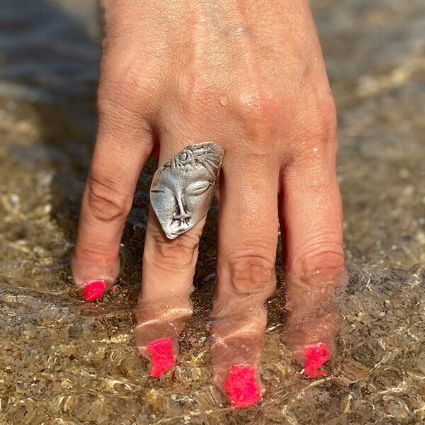 Sterling Silver Greek Goddess Abstract Face Adjustable Ring