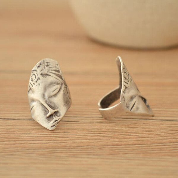 Sterling Silver Greek Goddess Abstract Face Adjustable Ring