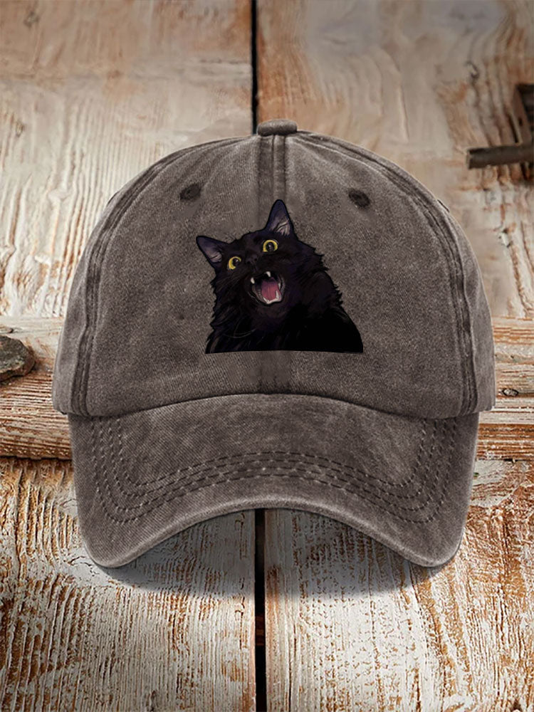 Japanese Art Black Cat Print Washed Hat