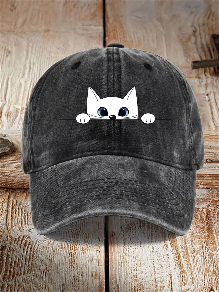Japanese Art White Cat Print Washed Hat