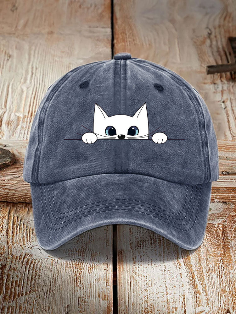Japanese Art White Cat Print Washed Hat