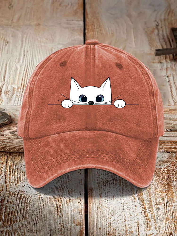 Japanese Art White Cat Print Washed Hat