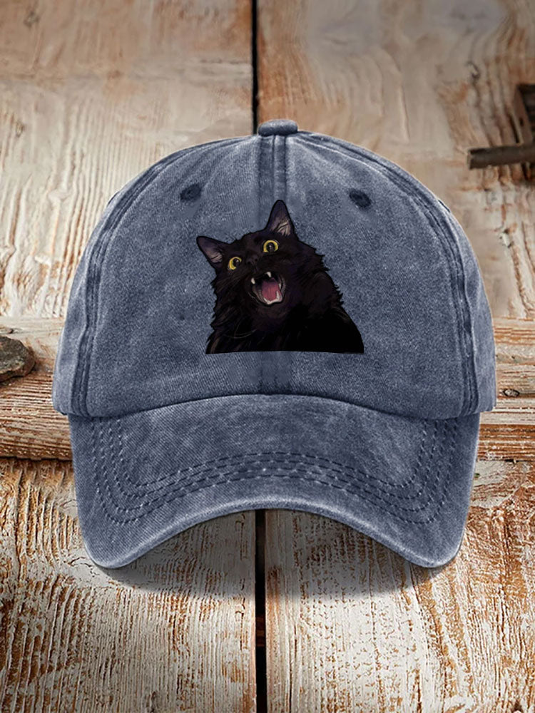 Japanese Art Black Cat Print Washed Hat