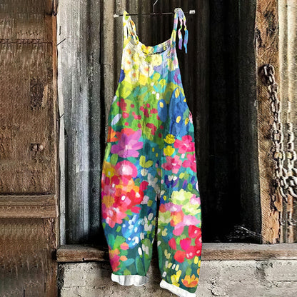 Vintage Colourful Flowers Oil Painting Art Graphic Casual Loose Jumpsuit