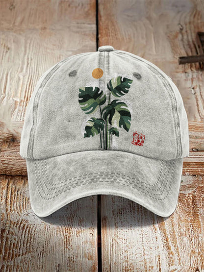 Abstract Creative Cute Cat And Plant Sun Painting Art Retro Casual Cap