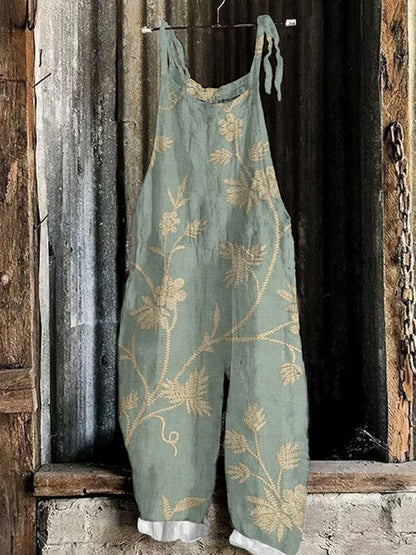 Women'S Retro Floral Art Print Casual Cotton Linen Jumpsuit