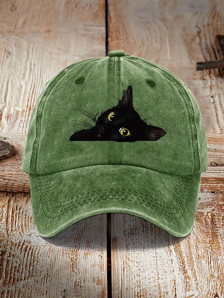 Japanese Art Black Cat Print Washed Hat