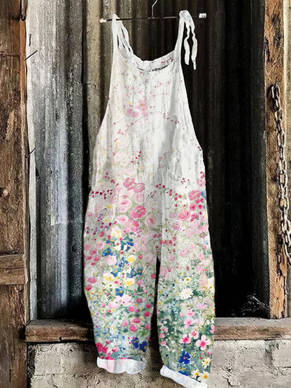 Vintage Flowers Art  Print Linen Loose Casual Jumpsuit