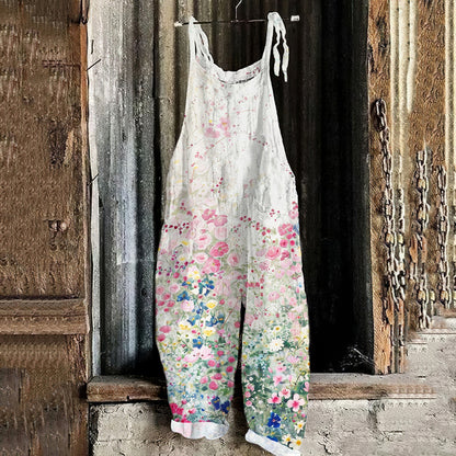 Vintage Flowers Art  Print Linen Loose Casual Jumpsuit