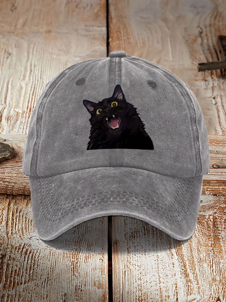 Japanese Art Black Cat Print Washed Hat