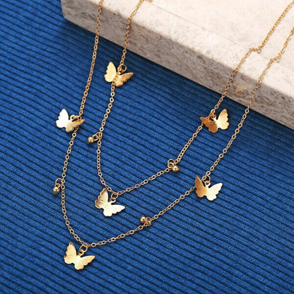 18K Gold Butterfly Choker Double Layer Necklace