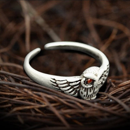 925 Sterling Silver Red Eye Owl Adjustable Ring