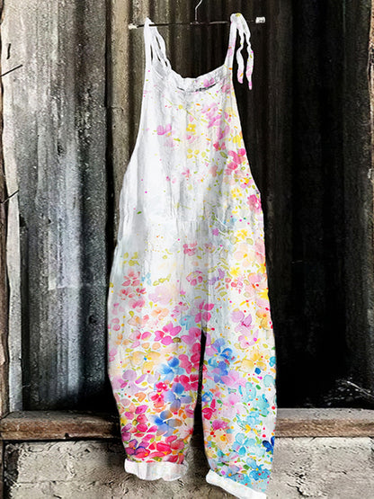 Vintage Flowers Art  Print Linen Loose Casual Jumpsuit