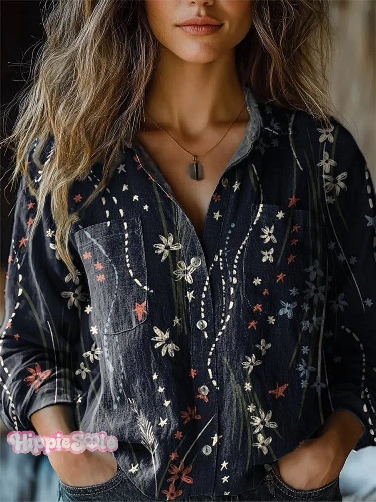 Women's Vintage Gradient Flower Pattern Print Long Sleeve Comfortable Cotton Shirt