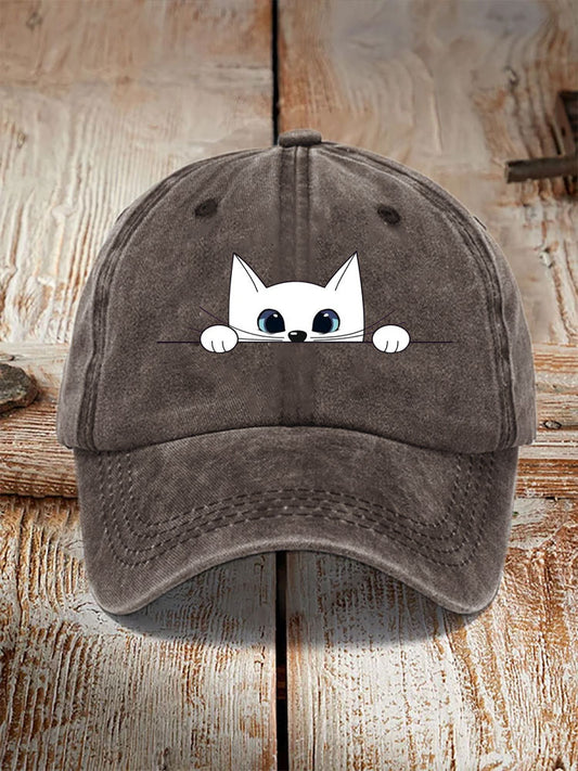 Japanese Art White Cat Print Washed Hat
