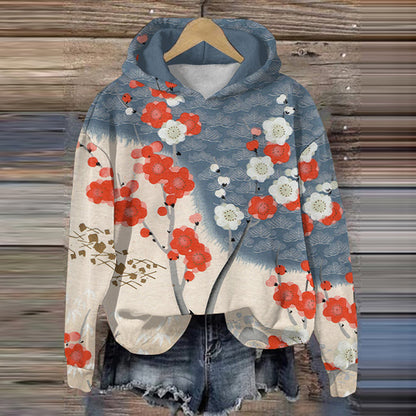 Japanese Art Sakura Print Long Sleeve Casual Hoodie