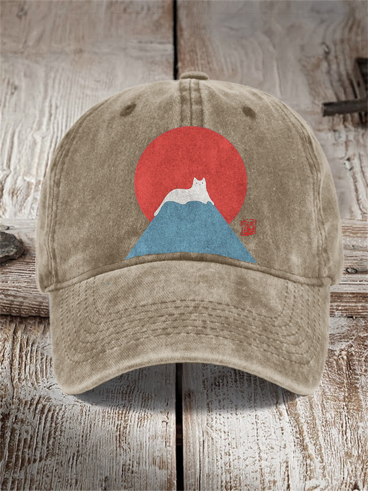 White Cat Snow on Mount Fuji Japanese Art Washed Cap