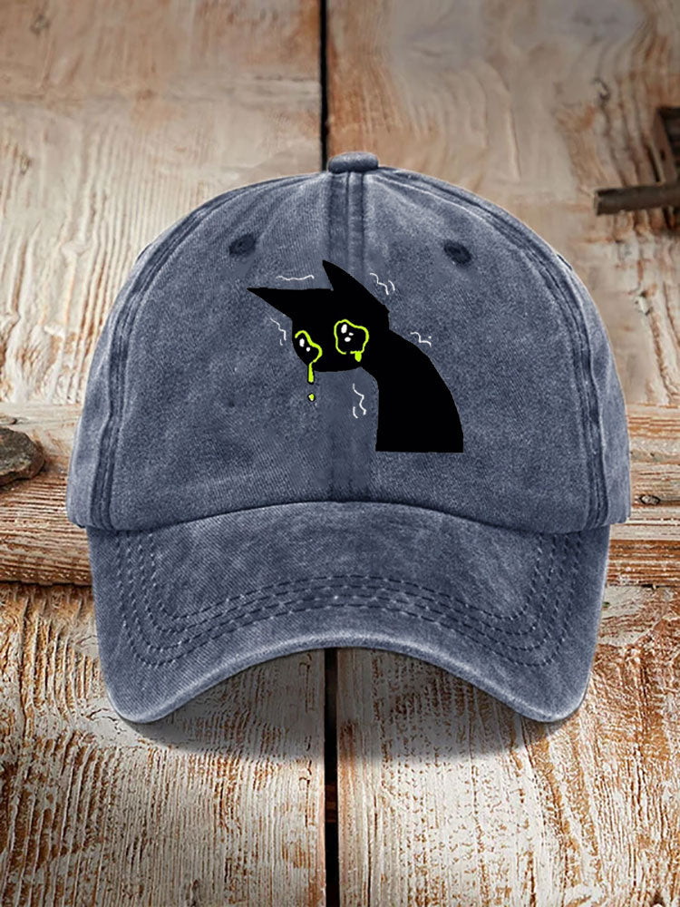 Japanese Art Black Cat Print Washed Hat