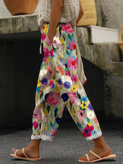 Women's Floral Print Pocket Casual Pants