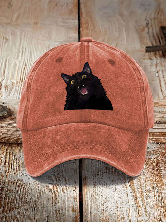 Japanese Art Black Cat Print Washed Hat
