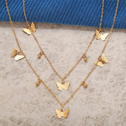 18K Gold Butterfly Choker Double Layer Necklace