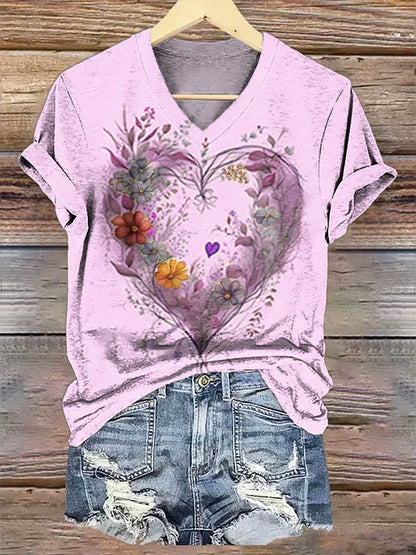 Women's Floral Heart Art V-Neck Casual T-Shirt