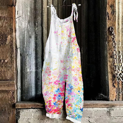 Vintage Flowers Art  Print Linen Loose Casual Jumpsuit