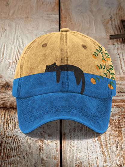 Abstract Creative Lazy Black Cat Painting Art Retro Casual Cap