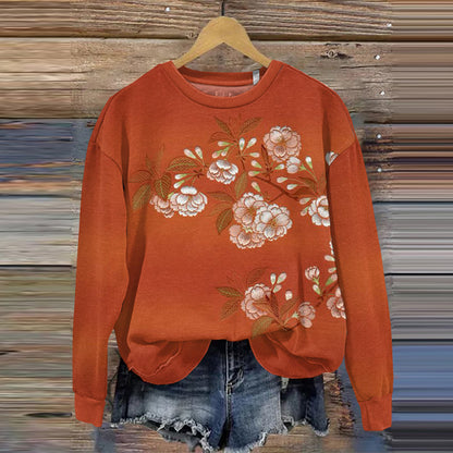 Japanese Art Flower Print Round Neck Long Sleeve Sweatshirt