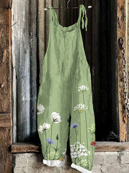 Vintage Floral Art Linen Blend Loose Casual Jumpsuit