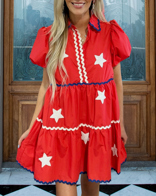 Star Sequin Wave Trim Tiered Dress