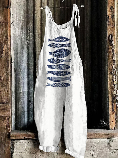 Vintage Japanese Art School Fish Print Loose Casual Jumpsuit