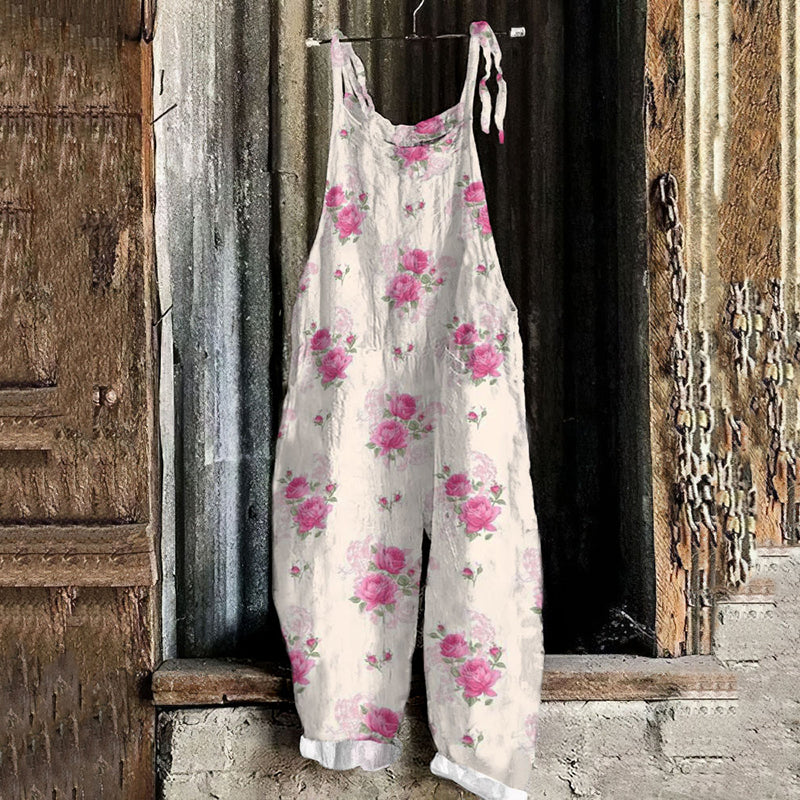 Pink Rose Pattern Printed Casual Cotton Linen Long Sleeves Jumpsuit