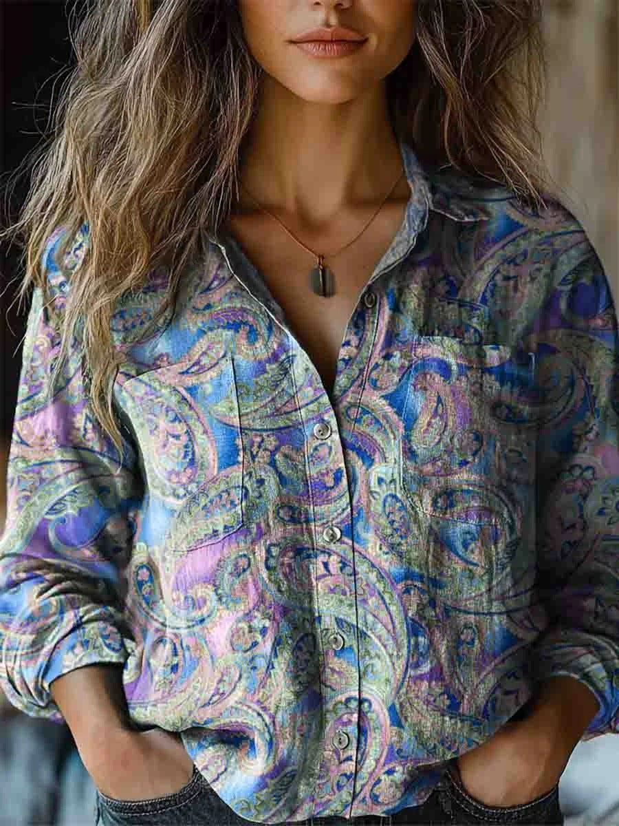 Women's Vintage Gradient Flower Pattern Print Long Sleeve Comfortable Cotton Shirt