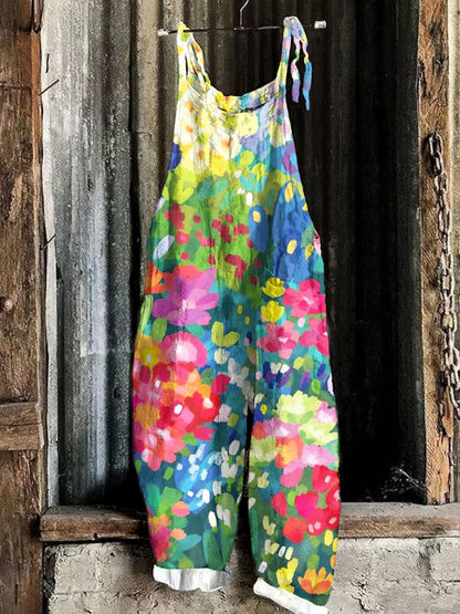 Vintage Colourful Flowers Oil Painting Art Graphic Casual Loose Jumpsuit