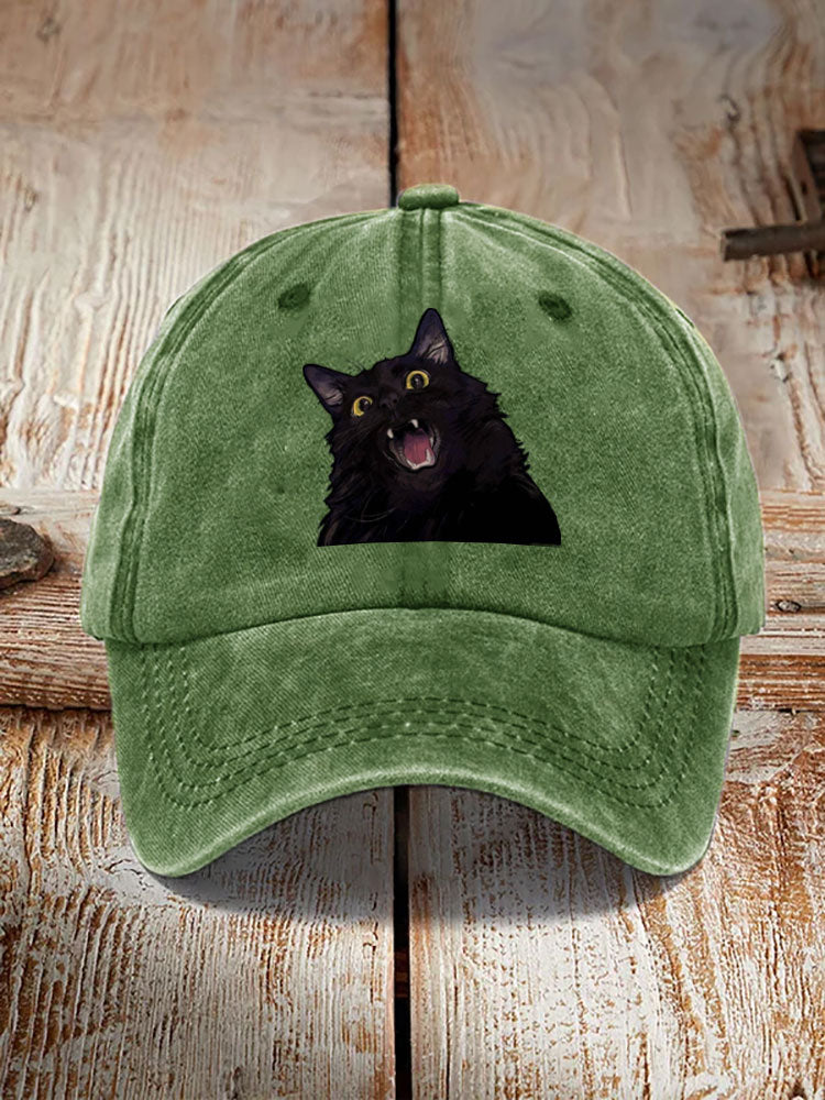 Japanese Art Black Cat Print Washed Hat