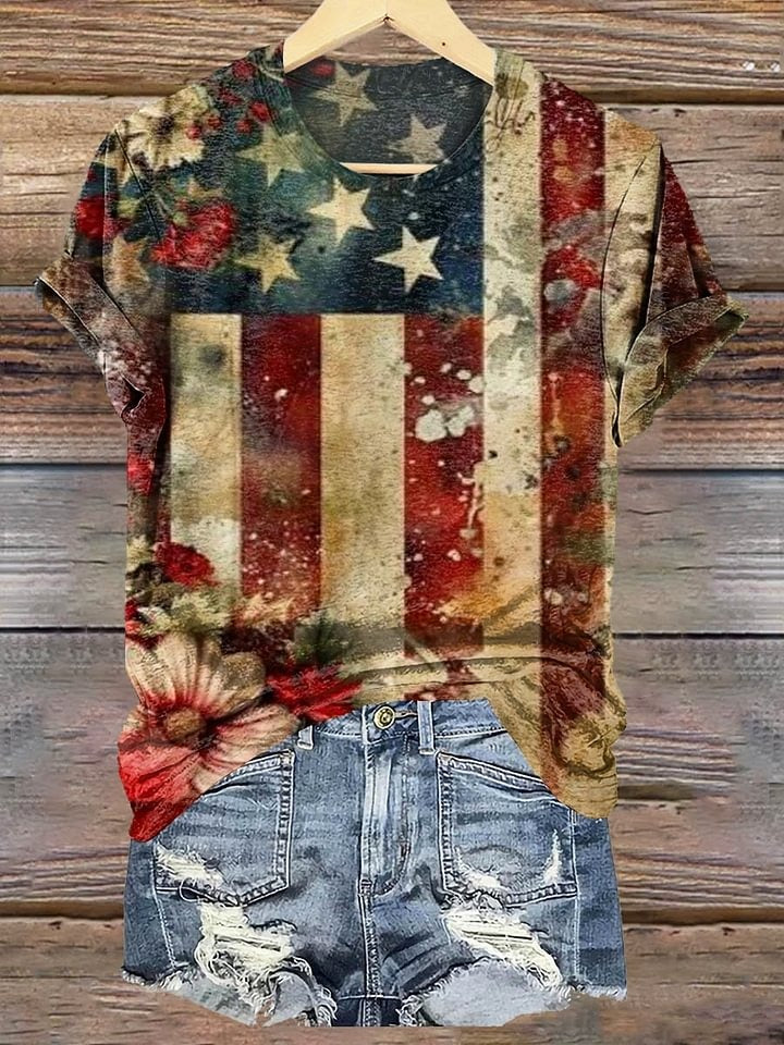 Women's Vintage Flag Floral Art Print V-neck Casual T-Shirt