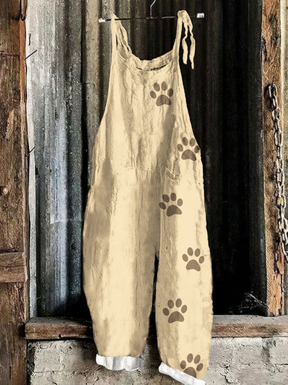 Vintage Cute Puppy Paw Printed Funny Casual Loose Jumpsuit