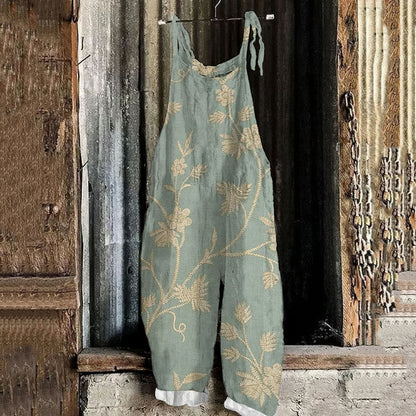 Women'S Retro Floral Art Print Casual Cotton Linen Jumpsuit