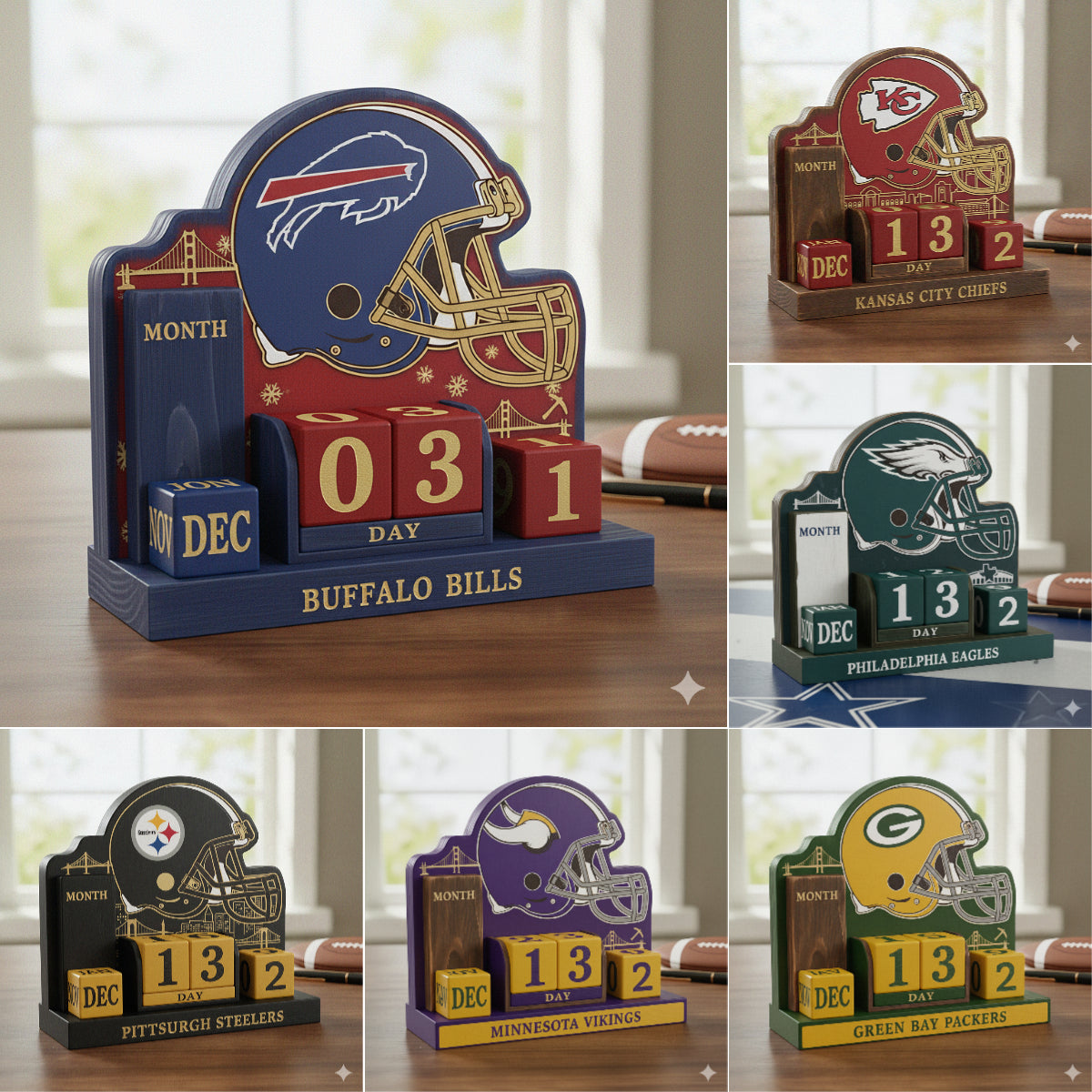 NFL Football Team Perpetual Wood Block Calendar