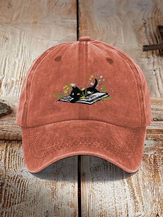 Retro Cat Embroidery Print Washed Hat