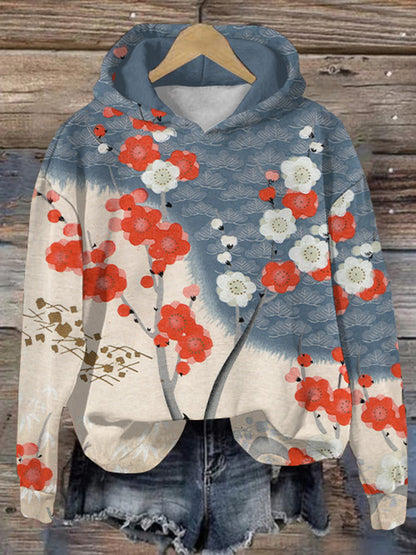 Japanese Art Sakura Print Long Sleeve Casual Hoodie