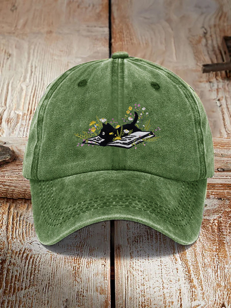 Retro Cat Embroidery Print Washed Hat