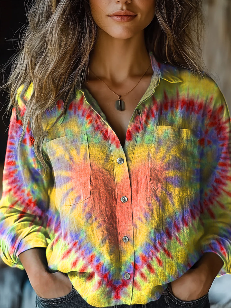 Women's Valentine's Day Colorful Heart Tie Dye Print Casual Long Sleeve Comfortable Cotton Shirt