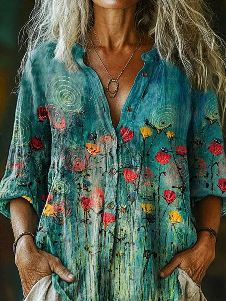 Women's Floral Art Print V-Neck Casual T-Shirt