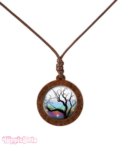 Wood Tree of Life Time Gemstone Glass Pendant Necklace