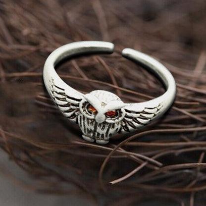 925 Sterling Silver Red Eye Owl Adjustable Ring